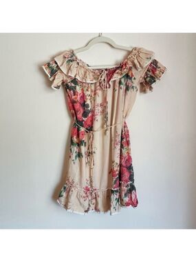OPT Off Shoulder Floral Linen Blend Peasant Dress Size S Cottagecore Boho Ruffle